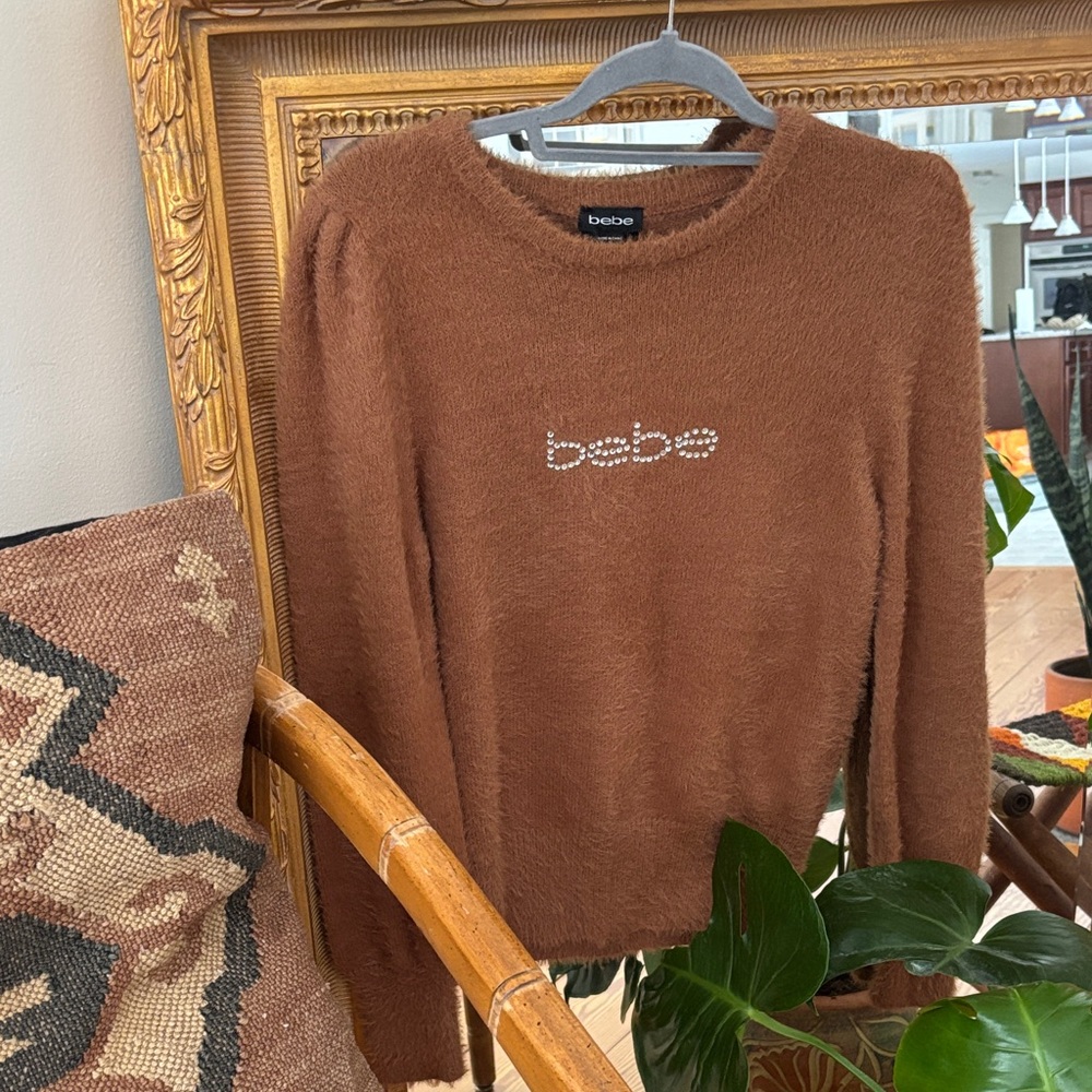 Bebe Camel Crew Neck Sweater with rhinestone bebe logo.